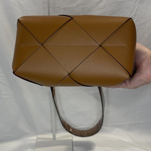 Caramel Woven Leather Bucket Bag, Loop Handles, Removable Shoulder Strap, NWOT - Picture 4 of 16